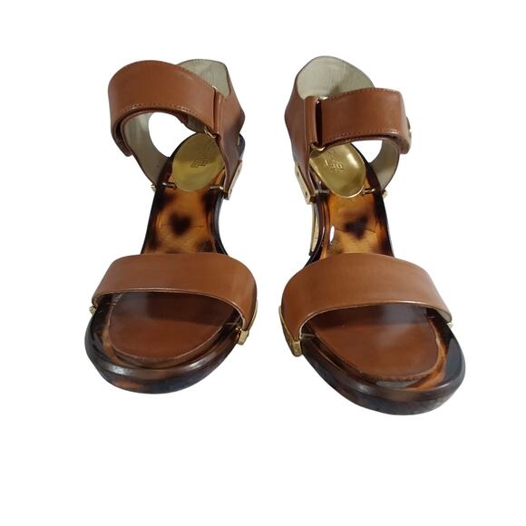 MICHAEL KORS! PECAN BROWN GENUINE LEATHER W/GOLD, TORTIE SOLE SANDALS! SZ 6.5M - Picture 3 of 8